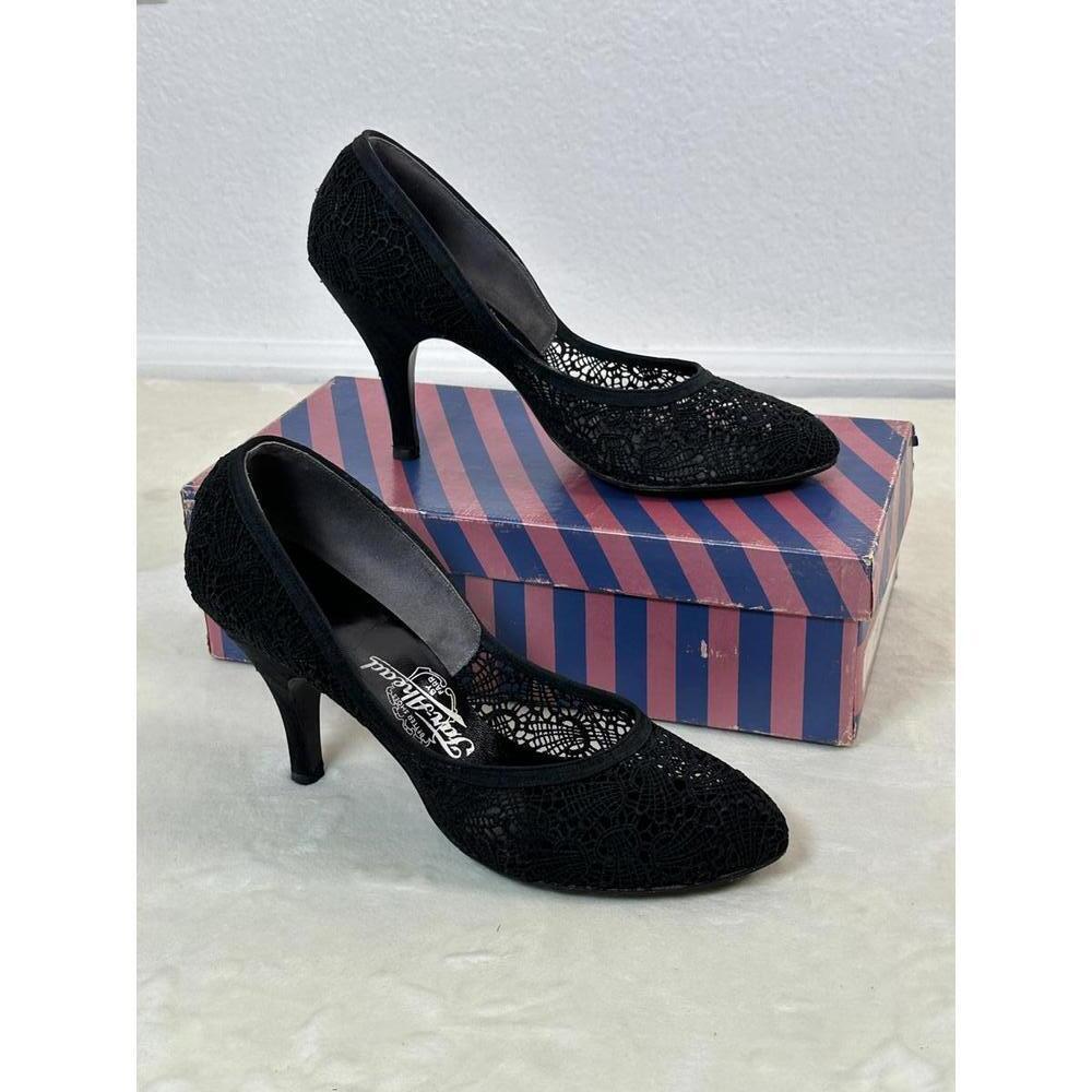 VTG 50s Black Lace Heels 6.5B Retro Pinup Dressy Classic Pumps